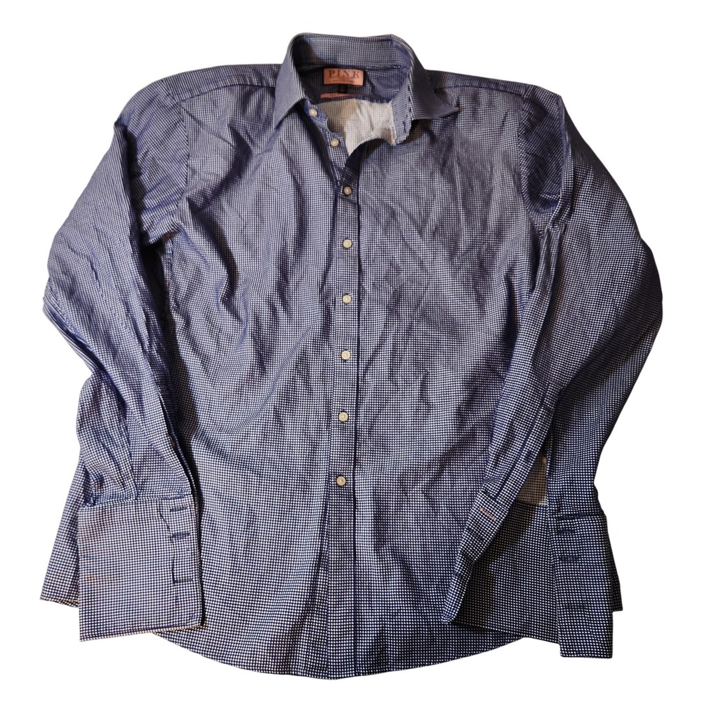 PINK Shirt Mens Large Blue White Micro Check Slim‎ Fit Prestige Button Up 17.5